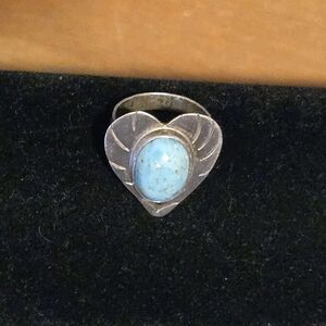 Silver Natural Turquoise Stone Heart Ring, Vintage Handmade Mexico 925 Sterling